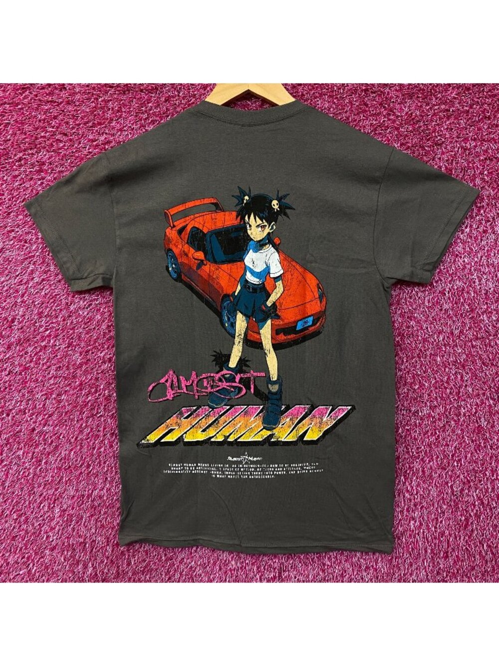 Almost Human Anime Girl Sports Car Graphic T-Shirt Small